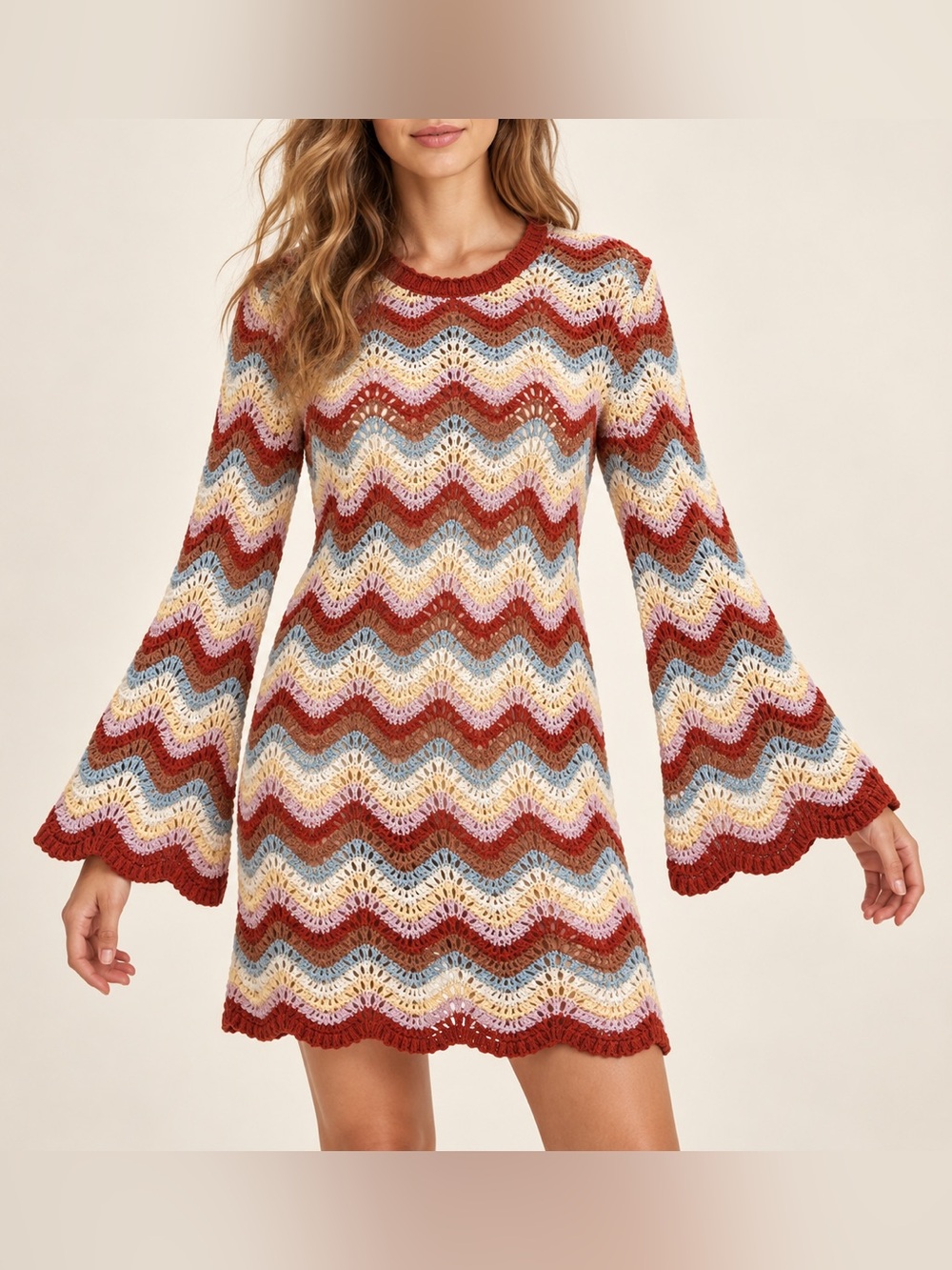 27 Miles Malibu Reno Crochet Chevron Bell Sleeve Mini Dress M NWT